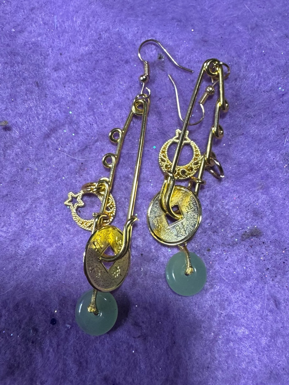 Gold-Tone Safety Pin Earrings with jade Green Discs and crescent moon charms
